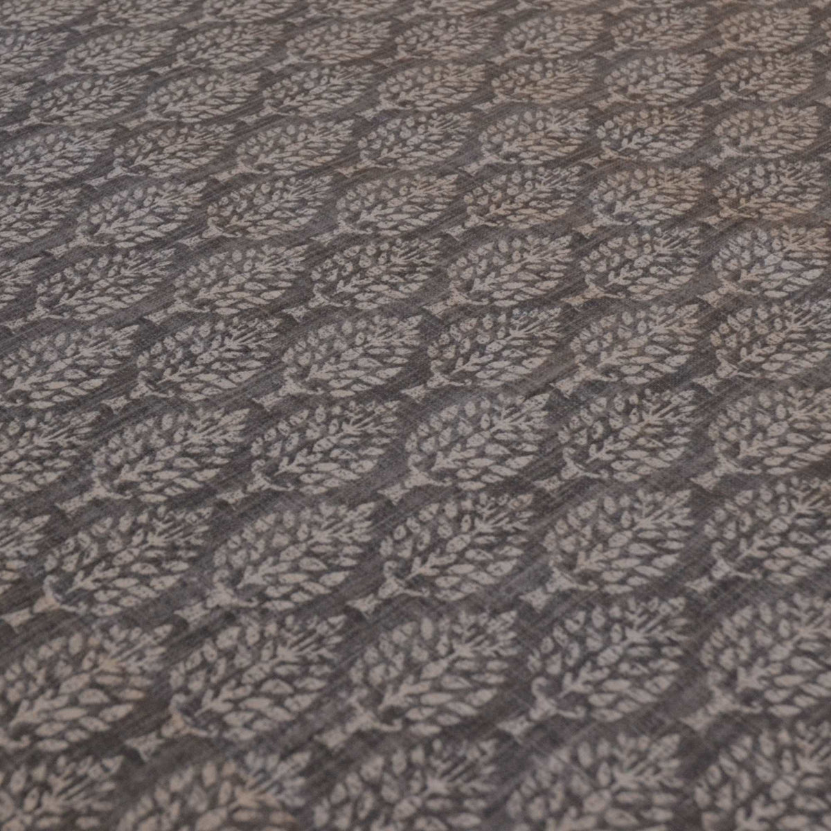 Sustainable curtain fabric with leaf print on grey