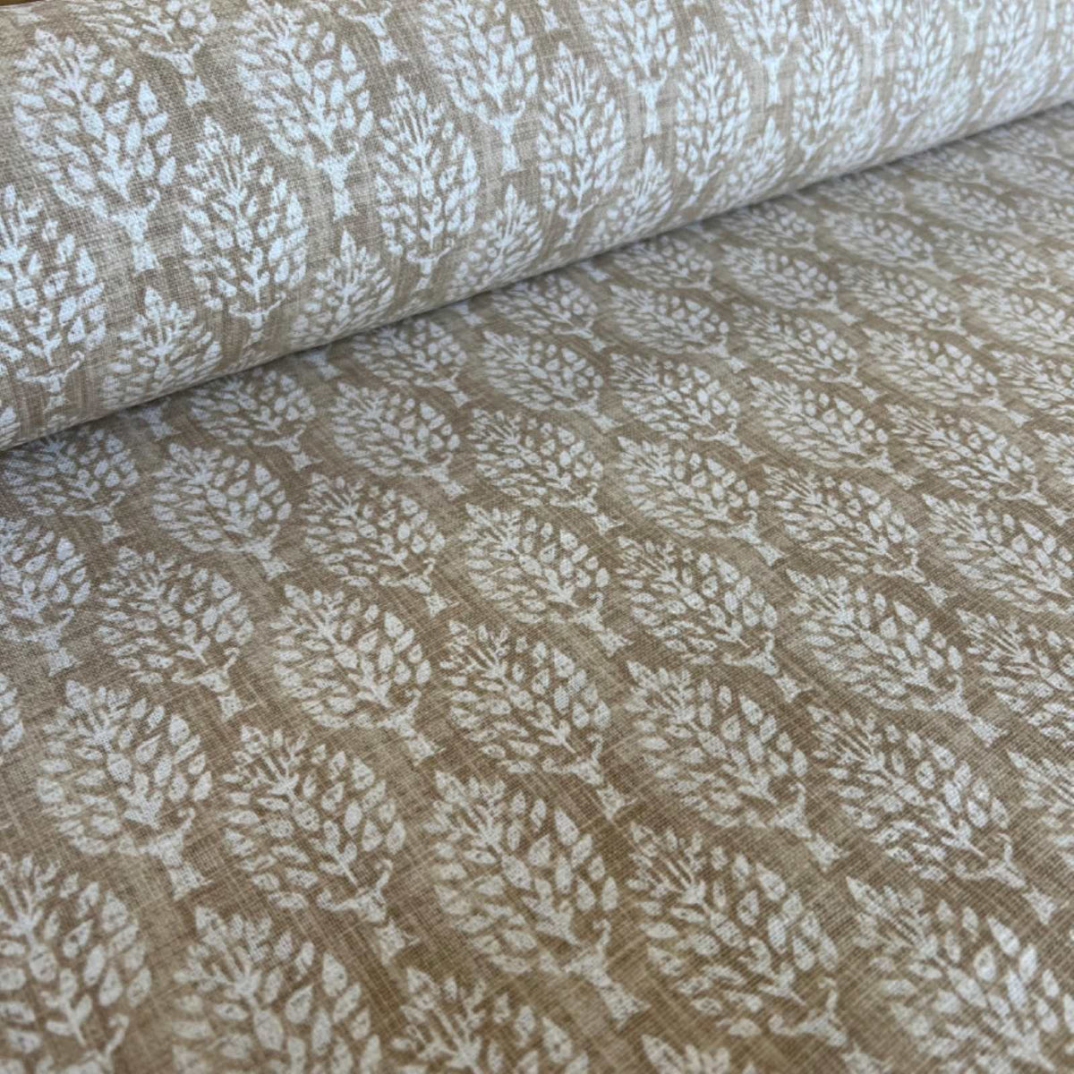 Sustainable curtain fabric with leaf print on maize