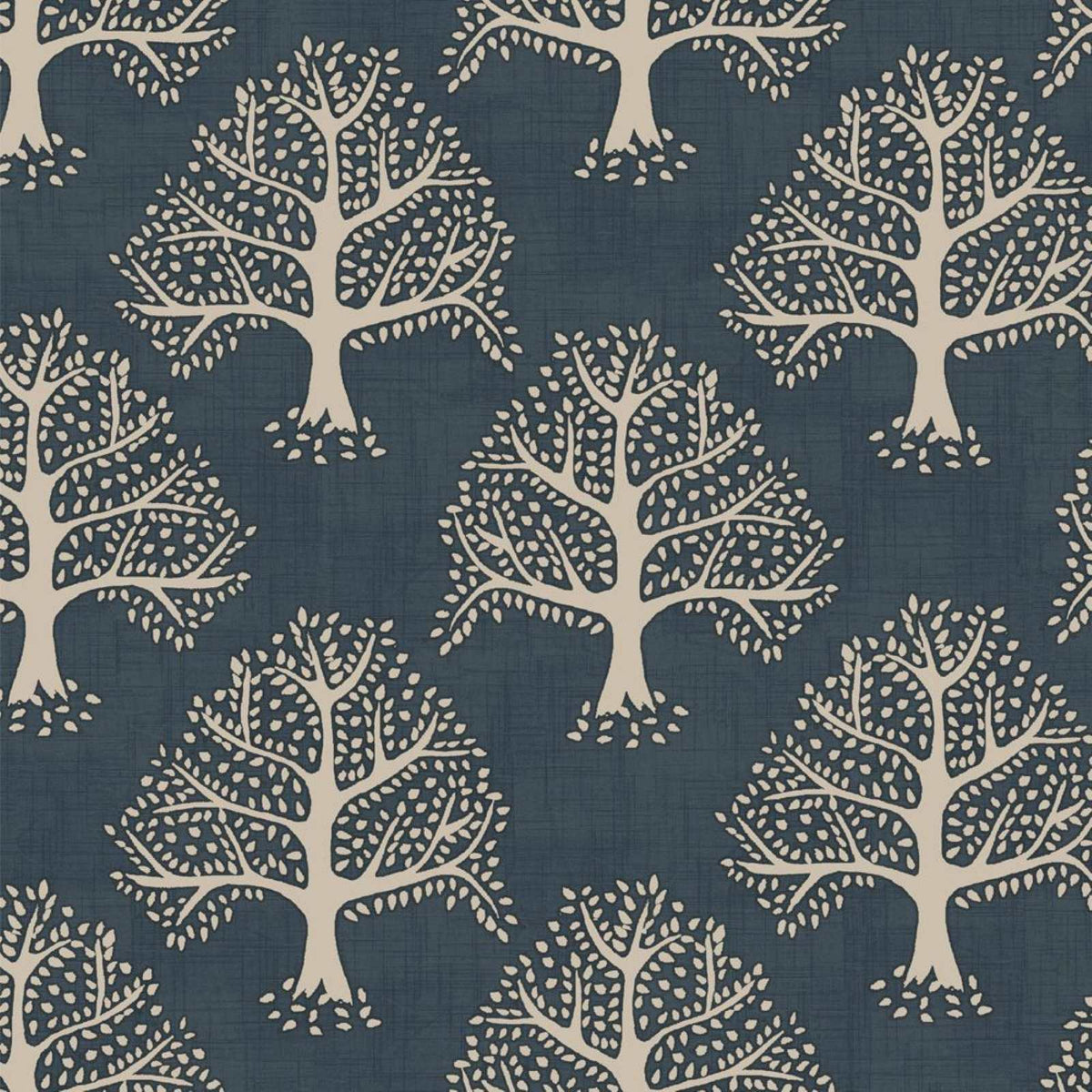 Sustainable Cotton Fabric with a print of trees on a dark blue background