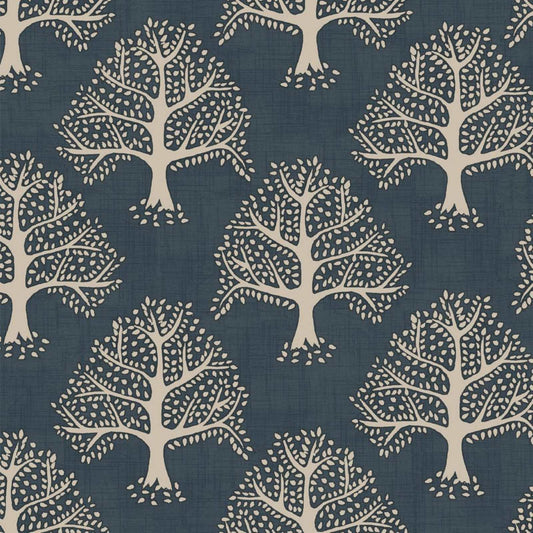 Sustainable Cotton Fabric with a print of trees on a dark blue background