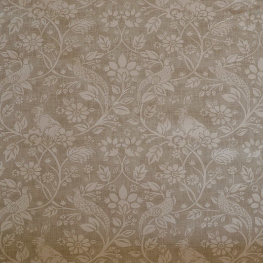 Hares and Pheasants design printed curtain fabric with a natural background and cream design