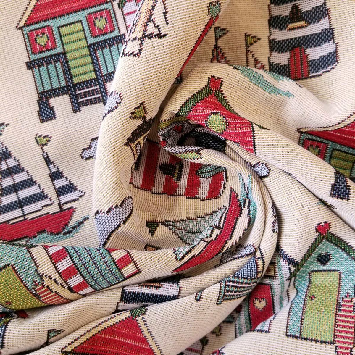 Beach huts nautical design tapestry fabric for curtains and upholstery