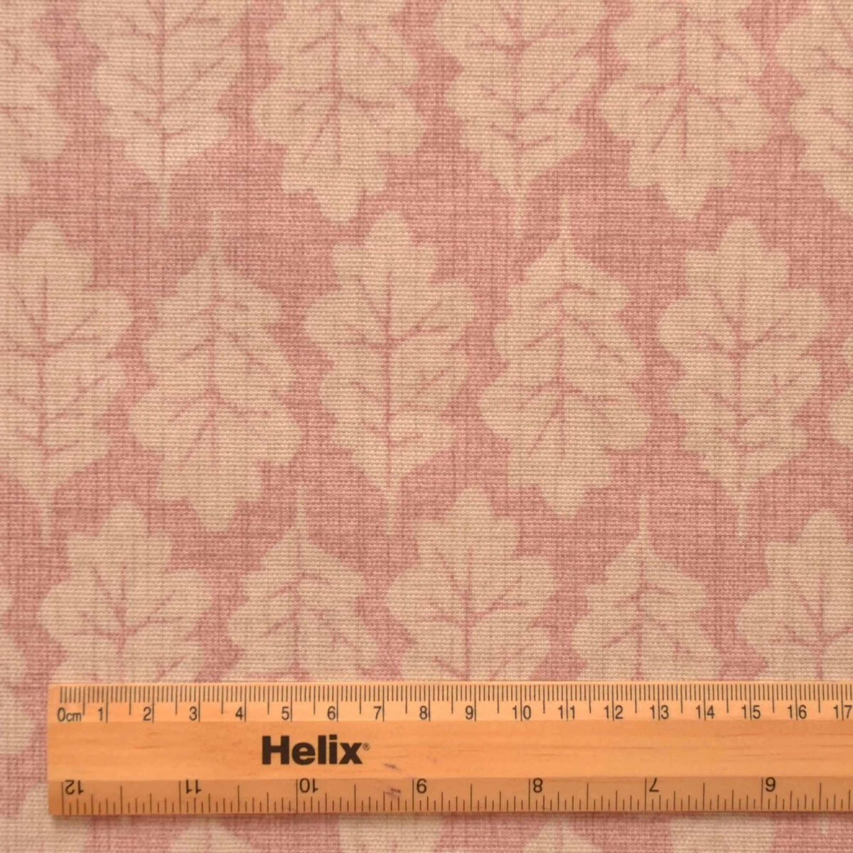 Leaf print fabric in rose with rule for scale