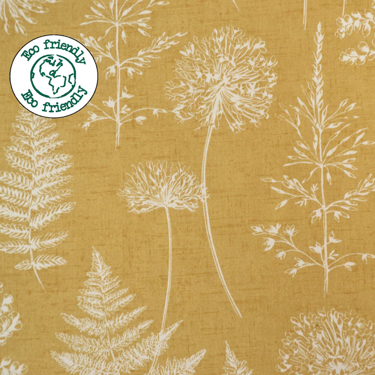 Mustard yellow curtain fabric with a floral pattern and an eco-friendly badge