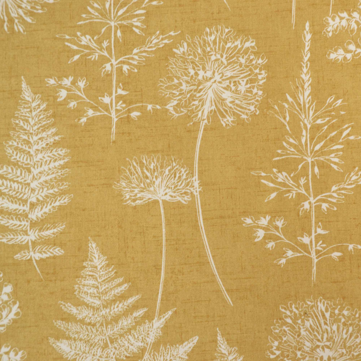 Mustard yellow curtain fabric with a floral pattern