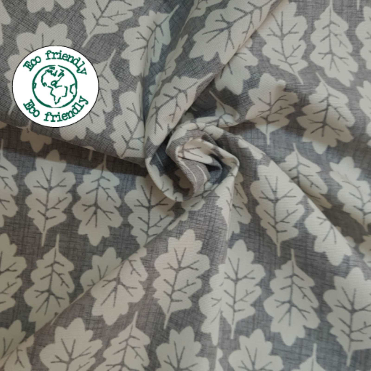 Eco friendly cotton fabric with oak leaf print on grey