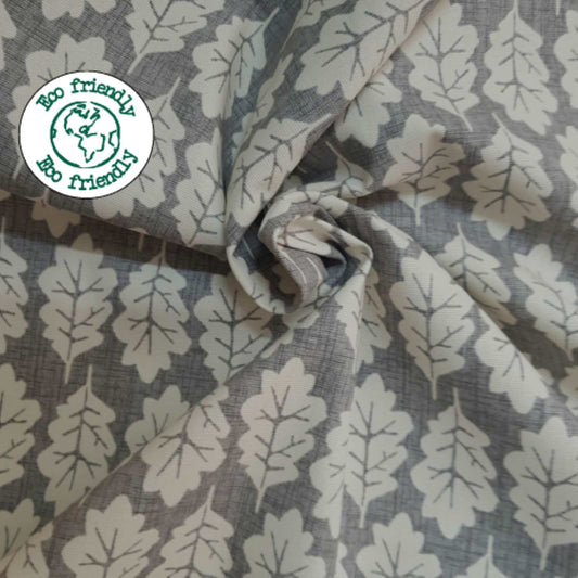 Eco friendly cotton fabric with oak leaf print on grey