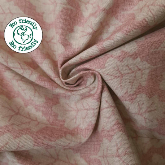 Eco friendly cotton fabric with oak leaf print on rose pink
